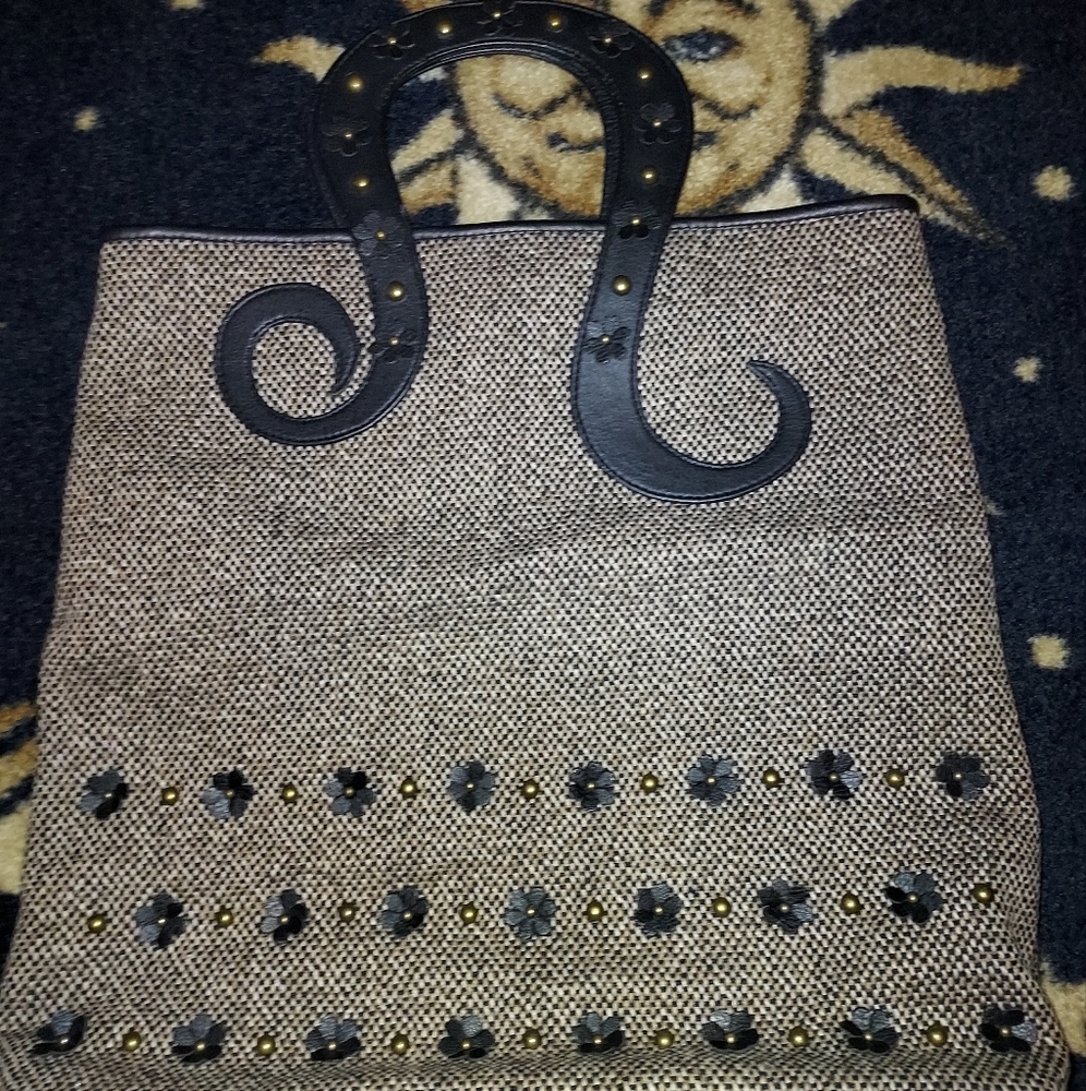 Designer Bag By Esmeri Black and Cream Tote with Artistic Handles.